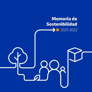 Portada de la Memoria de Sostenibilidad 2021-2022 de GLS Spain con iconos minimalistas en blanco sobre fondo azul, representando un árbol, personas, un paquete y una hoja, como símbolos de sostenibilidad, comunidad y logística responsable