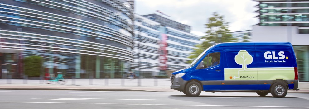 GLS blue-colored 100% electric delivery vehicle is driving on the street